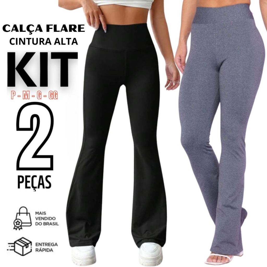 Kit 2 Calça Legging Flare Bailarina Cintura Alta Suplex Modela Bumbum