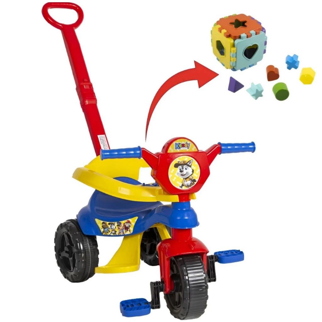 Motoca Triciclo Infantil Kendy + Cubo Menino e Menina Patrulha Canina Empurrador Proteção Lateral Pedal Empurrador