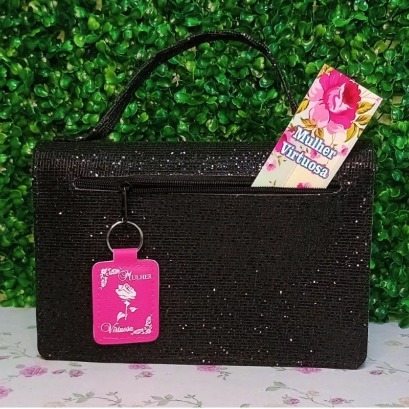 Kit Mulher Virtuosa Capa Para Bíblia + Chaveiro + Marca Páginas Capa Zíper Com Alça porta celular Preta Brilho