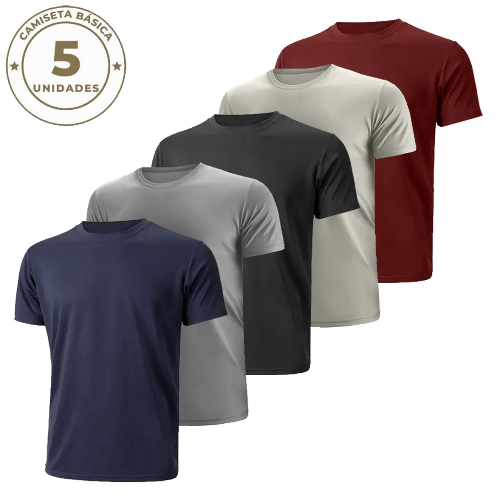 Kit com 5 Camisetas Básicas Manga Curta Lisa Combo Semanal Cores Sortidas