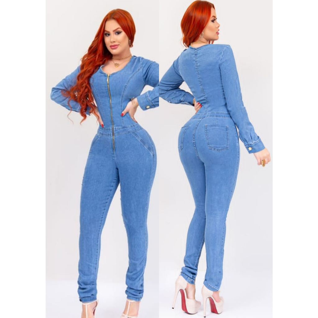 Macacão jeans com lycra modelo QX033 Pronta Entrega