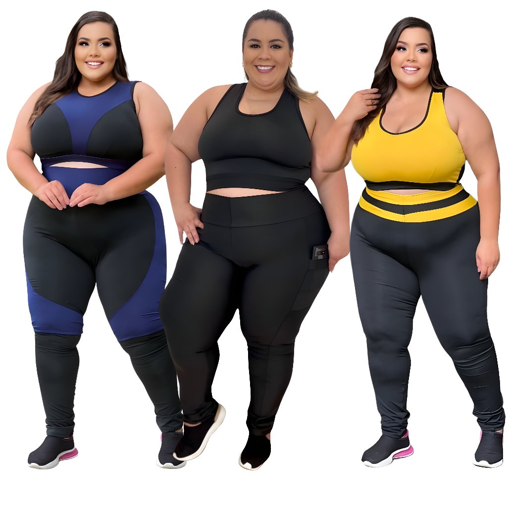 kit 3 Conjuntos Fitness Top e Legging Plus Size 44 ao 54 Roupa academia modelo curves feminino