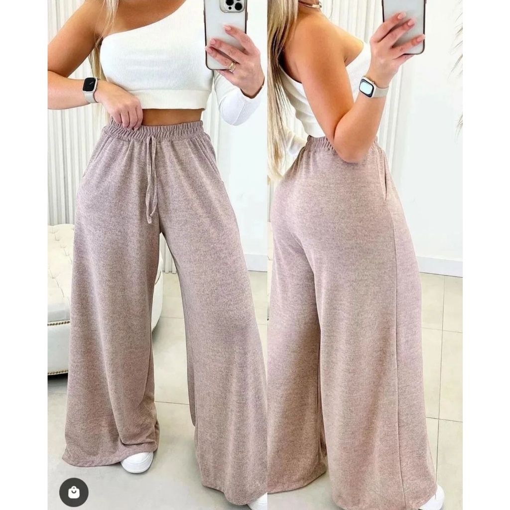 Calça Feminina Pantalona Wide Leg Lanzinha Inverno Elastico Cintura Alta