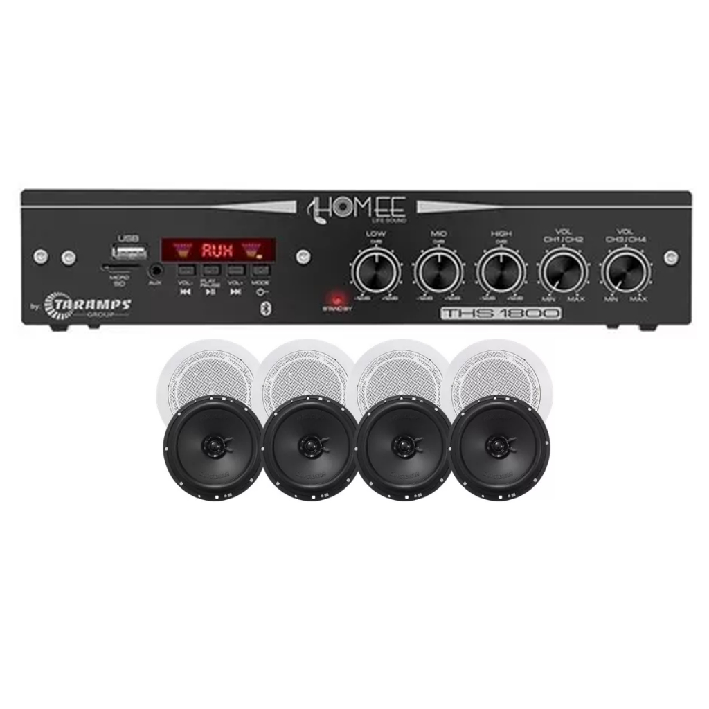 4 Caixas De Som Hurricane Arandela Branca Redonda/Quadrada + Receiver Taramps
