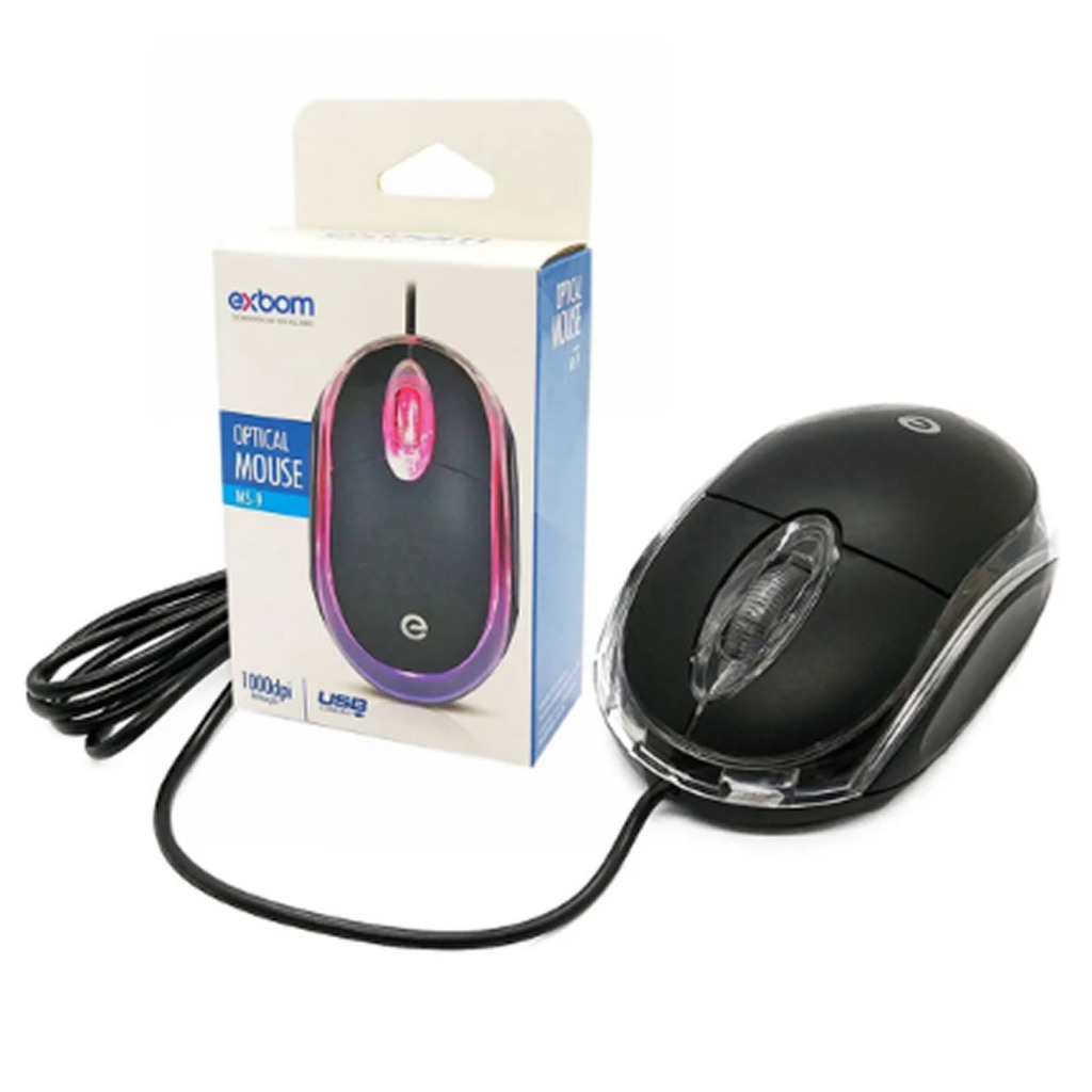 Mouse Pc Com Fio 1,2m USB Preto LED Óptico 1000dpi Exbom MS-9 Notebook Computador Universal 1000Dpi Compacto