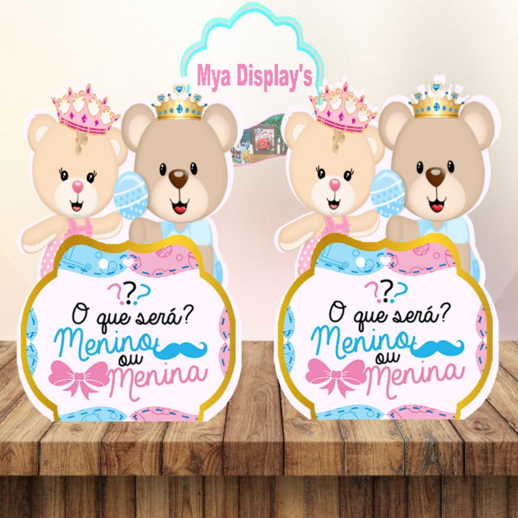 Chá revelação ursinhos CENTRO DE MESA PERSONALIZADO COM NOME kit festa displays - envio rapido