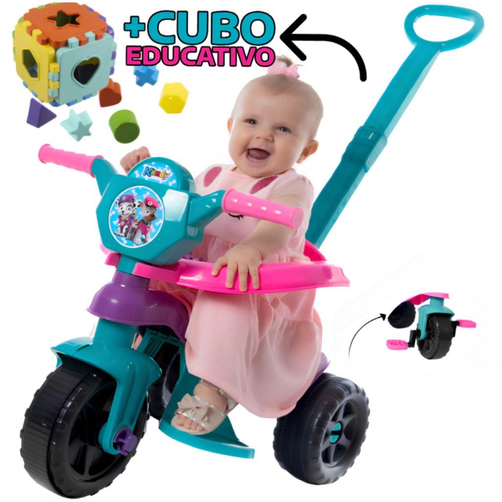 Motoca Triciclo Kendy + Cubo Educativo Pedagógico Infantil Diversas Cores Vilotrol Com Protetor Pedal Apoio Para os Pés