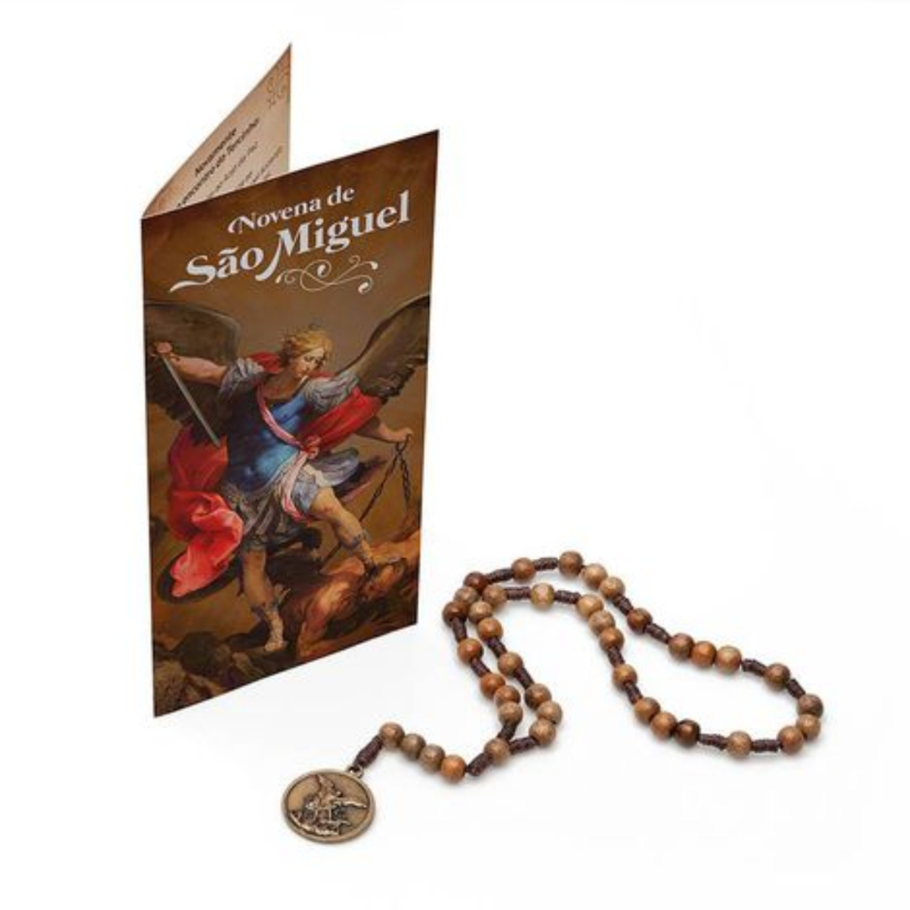 Terço Novena São Miguel Arcanjo Madeira Imbuia Com Folheto