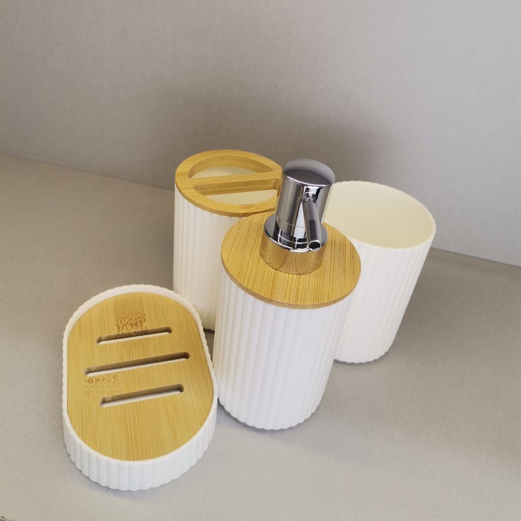 oferta Kit 4 Utensilios Para Banheiro Lavabo De Bambu Porta Escova Dispenser De Sabão Suporte de Sabonete