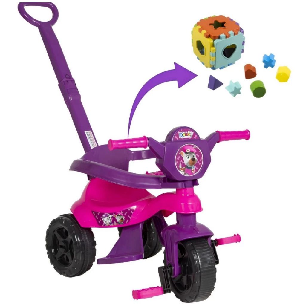 Motoca Triciclo Infantil Kendy + Cubo Educativo Pedagógico Patrulha Canina Empurrador Proteção Lateral Pedal Empurrador