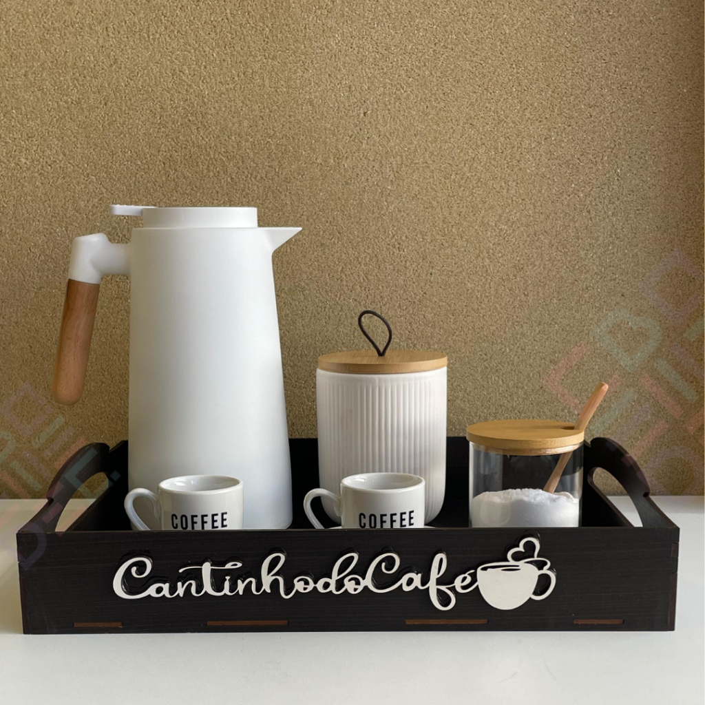 Bandeja Decorativa Cantinho do Cafe Preta Grande Mdf para Servir Cafe da Manhã Mesa Posta Organizar Decoração Cozinha Escritorio