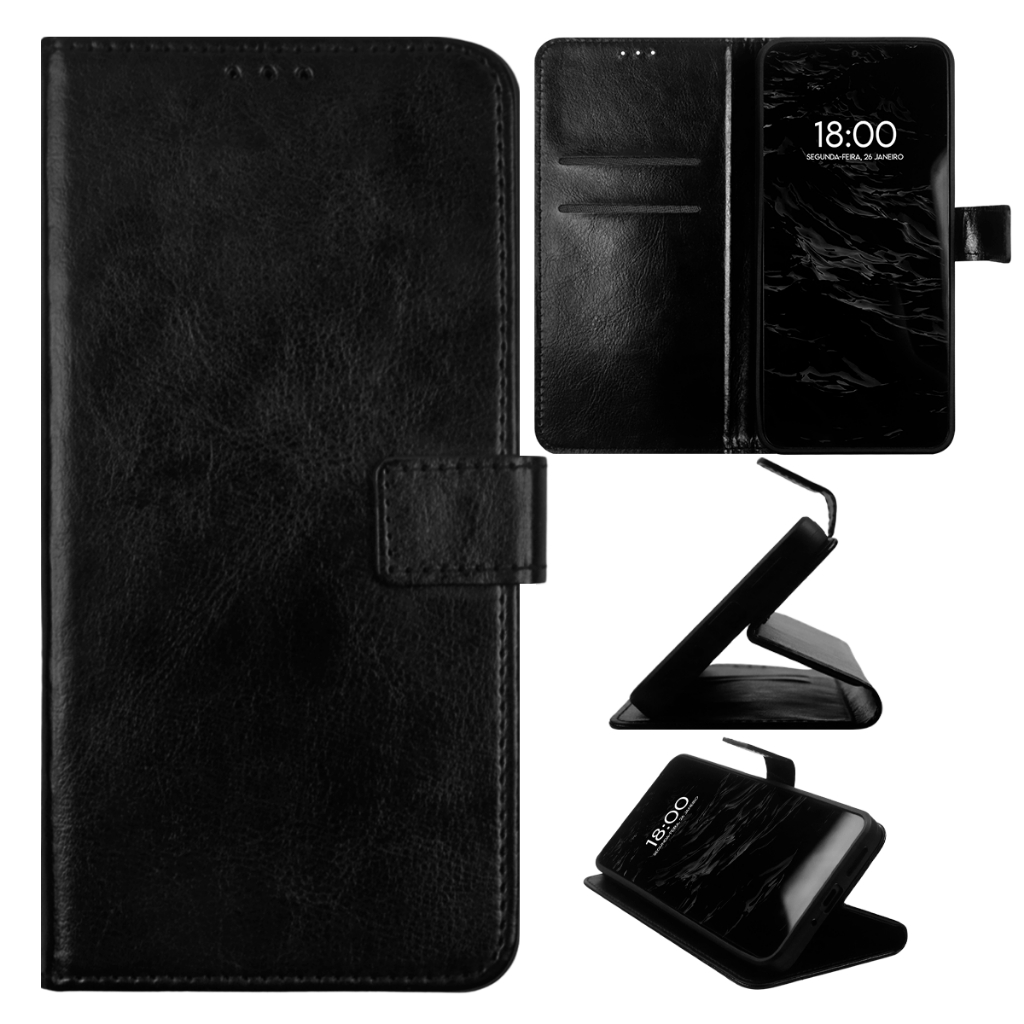 Capa Capinha Carteira Flip Abre e Fecha Couro Sintético Para Moto G2 XT1068 Tela 5.0 (Preto Liso B)