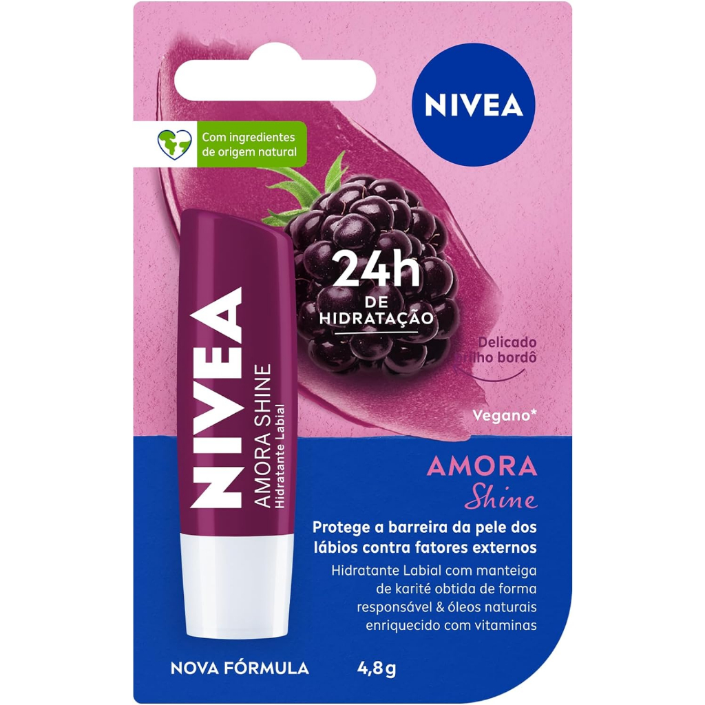 NIVEA Hidratante Labial Amora Shine 4,8 g - Cuidado intensivo para seus lábios, hidratação prolongada, delicioso aroma de amora, pigmentos brilhantes e cor delicada