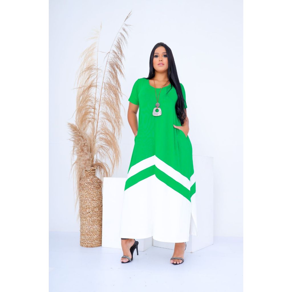Vestido Longo Vestido Midi Moda Plus Size Bicolor Moda Feminina Bolso Max Manga Curta 38 a 52 Moda Verão Lançamento Feminino Lindo Moda Plus Size Feminina