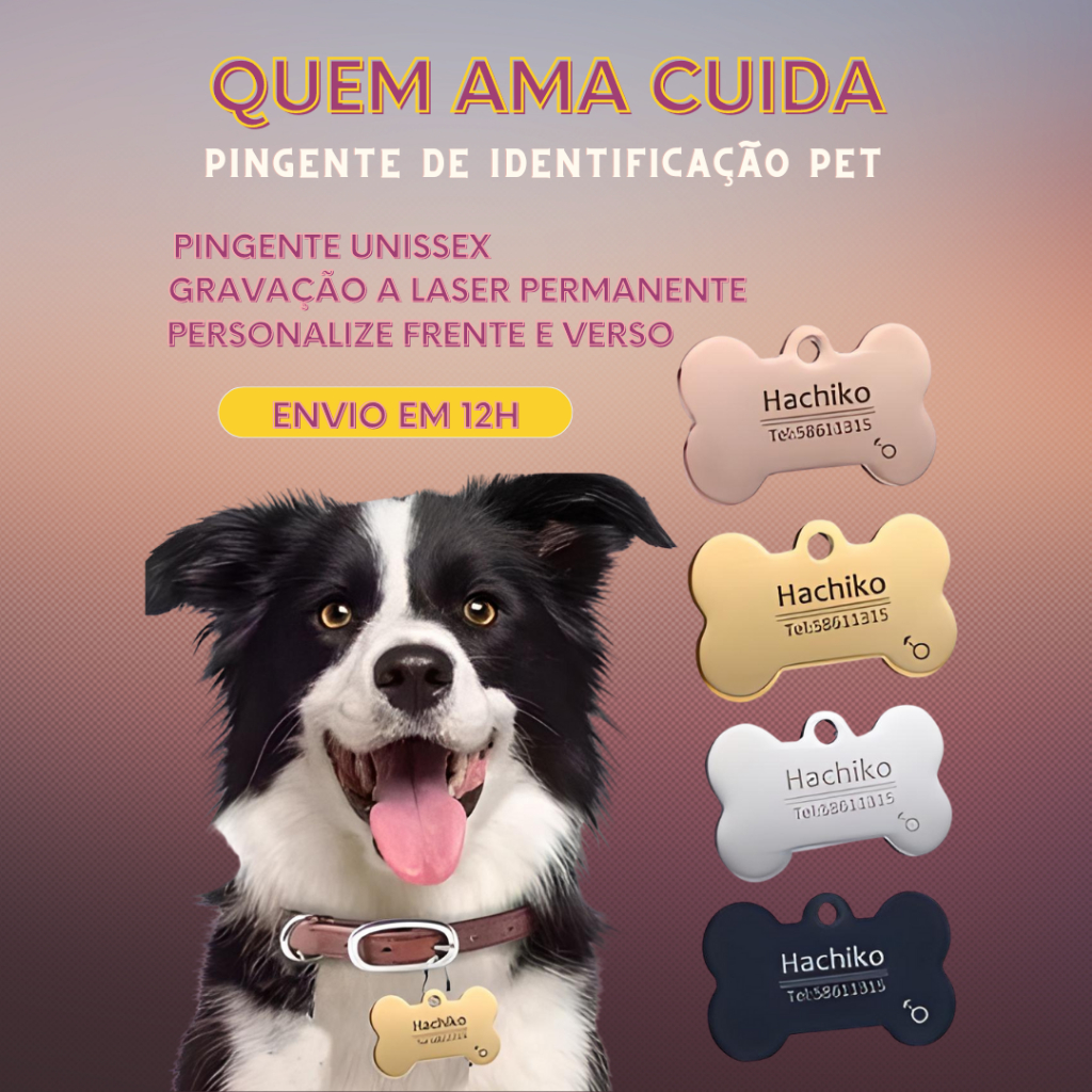 Plaquinha de Identificação Pet com Nome Personalizado Pingente Placa para Cachorro
