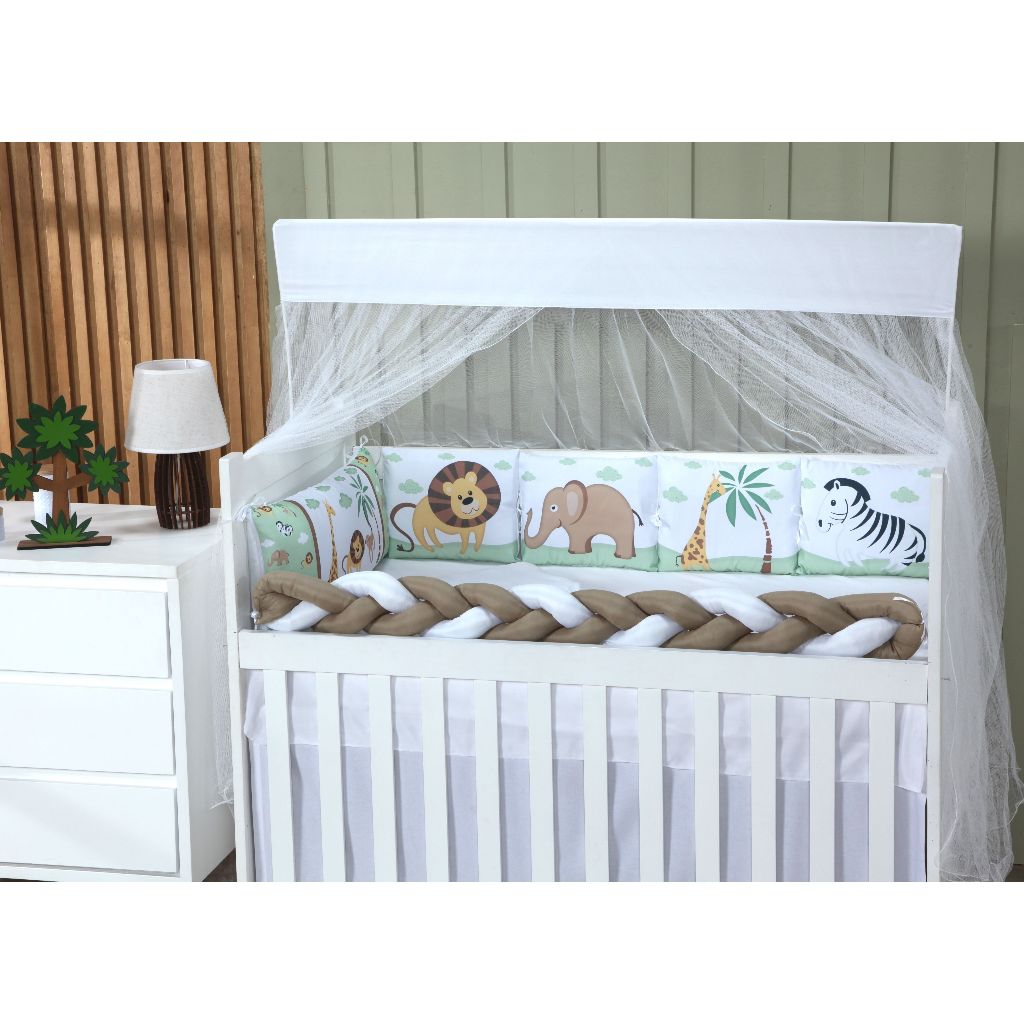 Kit Berço Safari Caqui Verde 10 pç Mosquiteiro Trança Micropercal 160 fios padrão Americano Nacional
