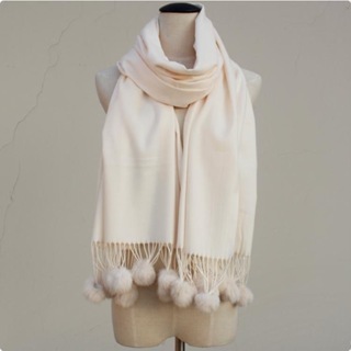 【Lenço de caxemira grosso 200g】 Cachecol de caxemira calor espessado de dupla finalidade com pompom em Oferta na Shopee