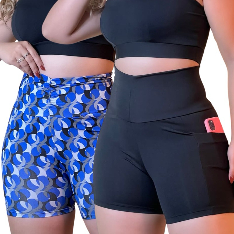 Kit 2 Shorts Fitness Feminino Liso C/Bolso e Estampado Suplex Premium Short Leg academia