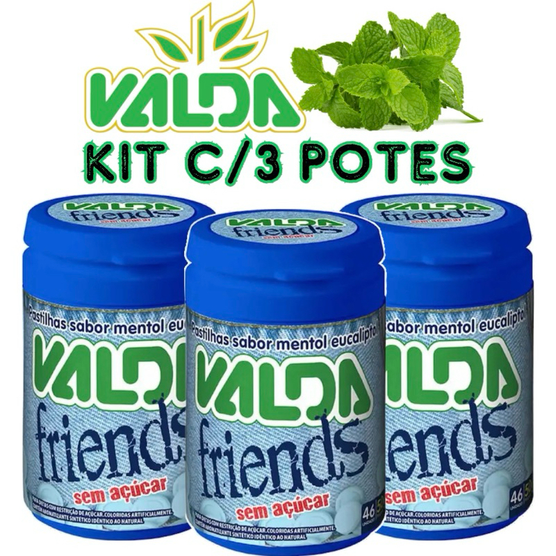 Pastilha Valda Friends Sem Açúcar Mentol Eucaliptol Kit C/3 Potes de 50g Cada em Oferta na Shopee