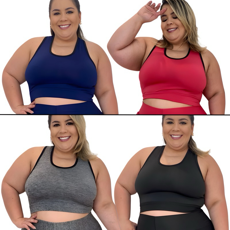 Kit 4 Tops Fitness Plus Size 44 ao 54 alta sustentação Cropped de Academia Feminino Curves