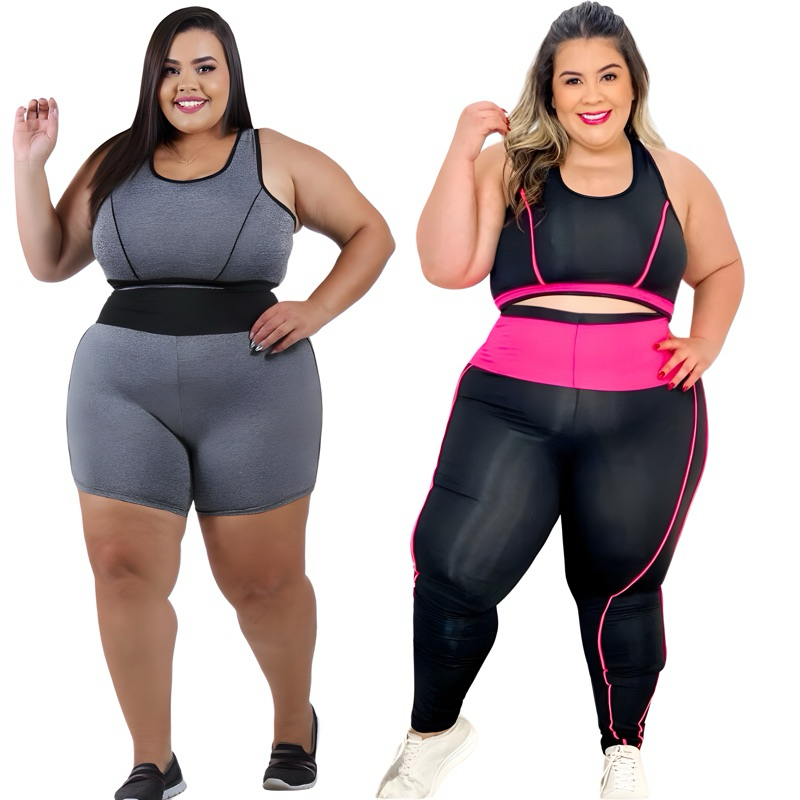 Kit 2 conjuntos Fitness Plus Size feminino Curves top + calça academia