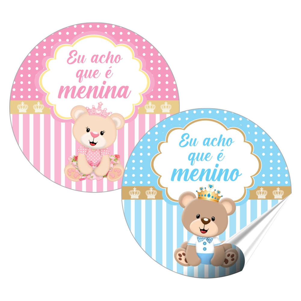 Kit 100 Adesivos Eu acho que é Menina ou Menino Rótulos 4x4 cm para Chá Revelação de Ursinhos