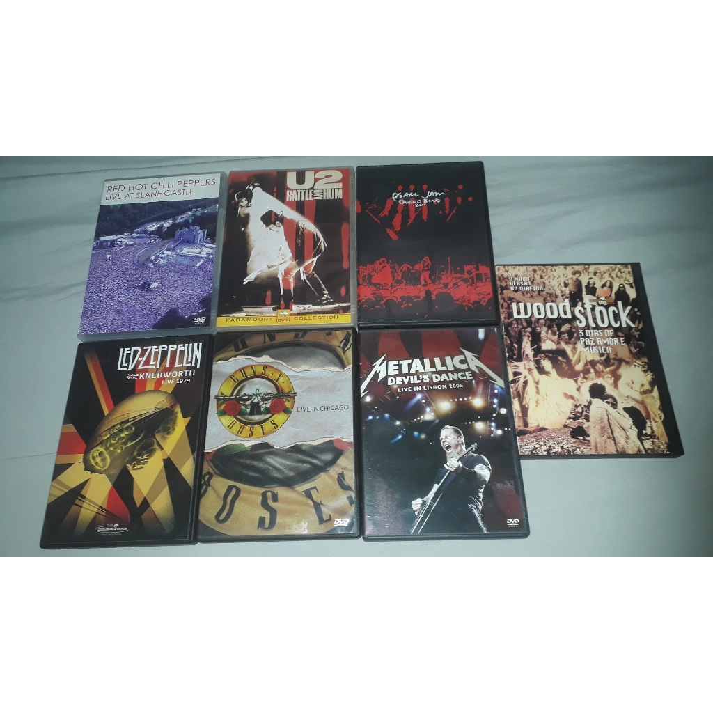 Lote 7 DVD'S Musicais Woodstock U2 Red Hot Led Zeppelin Peal Jam Guns N Roses Metallica