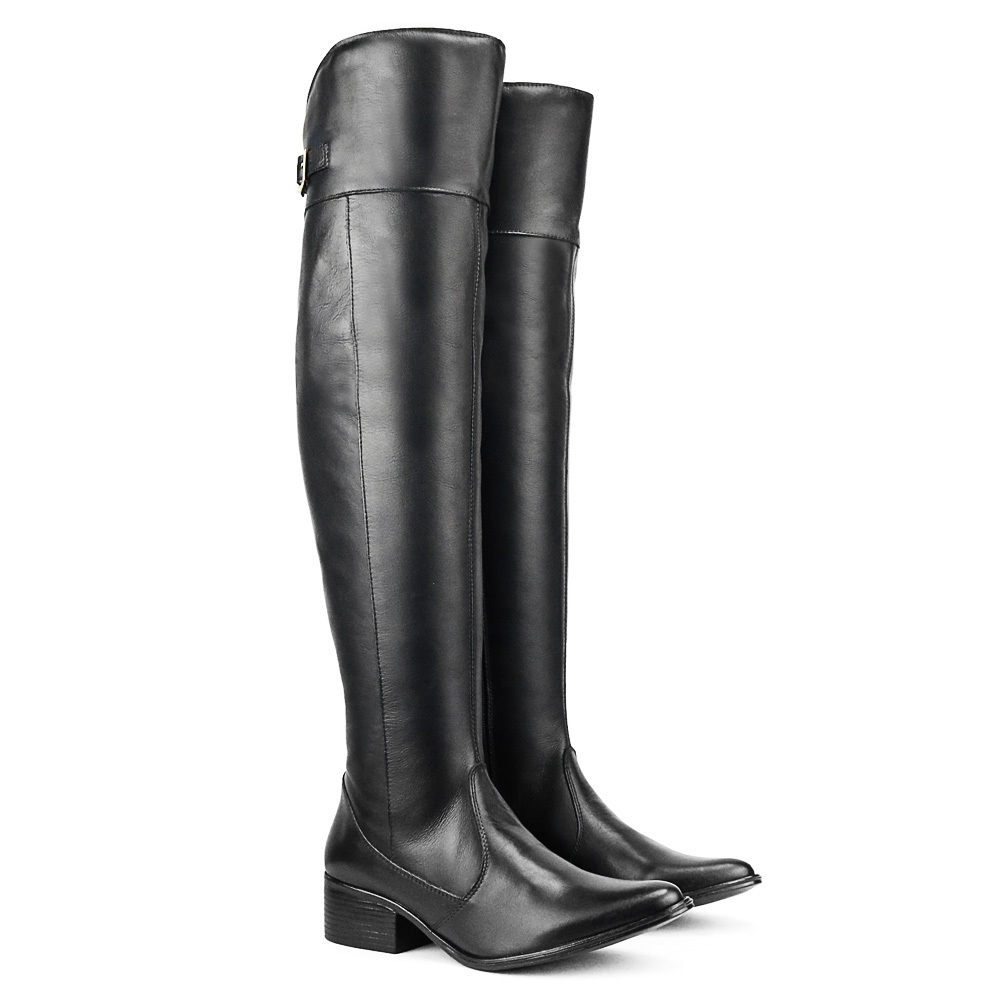 Bota Feminina Over The Knee Couro Legítimo Preta Acima do Joelho Cano Longo Alto Boiadeira Moda