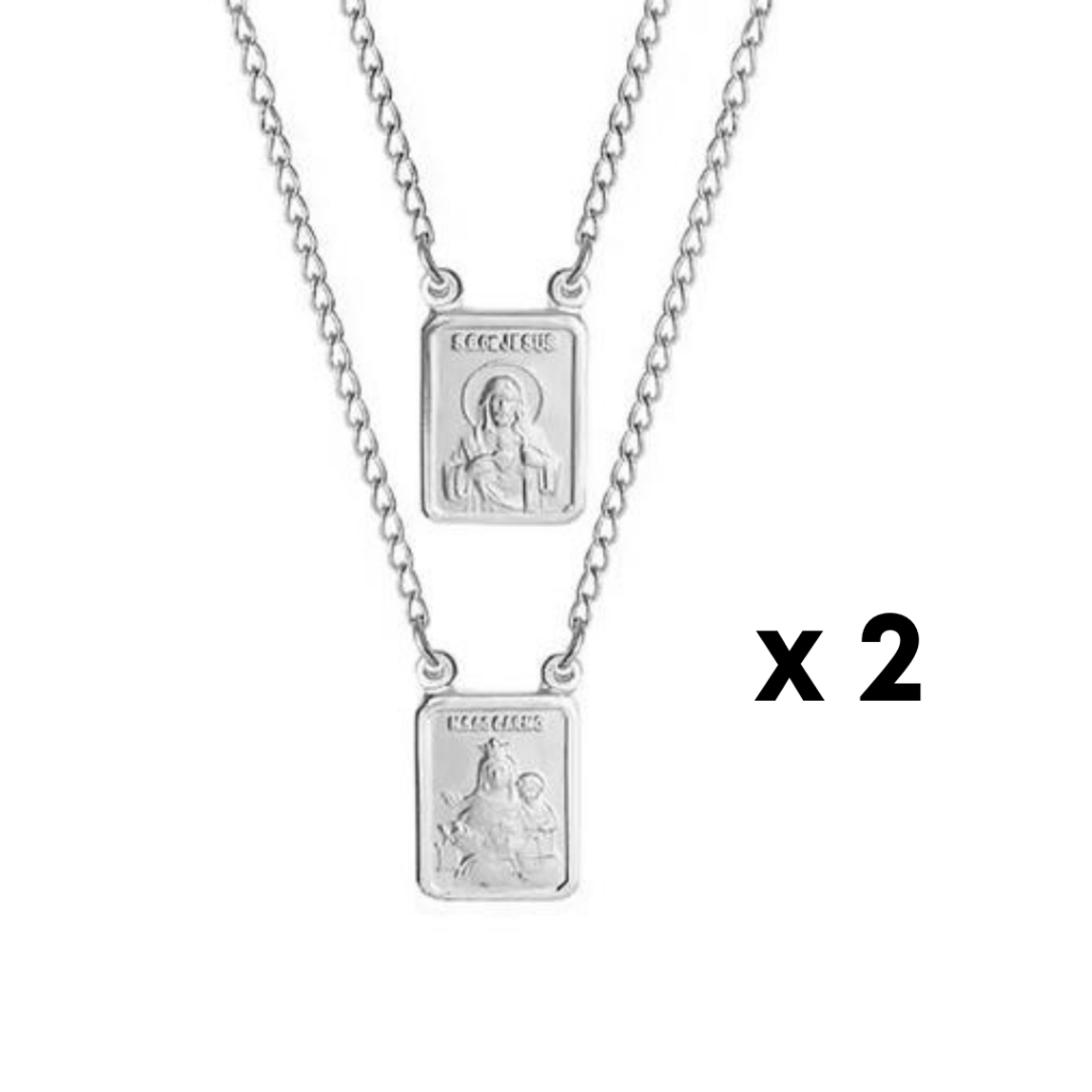 Kit com 2 Escapulário de Inox Masculino Feminino Jesus Nossa Senhora Carmo