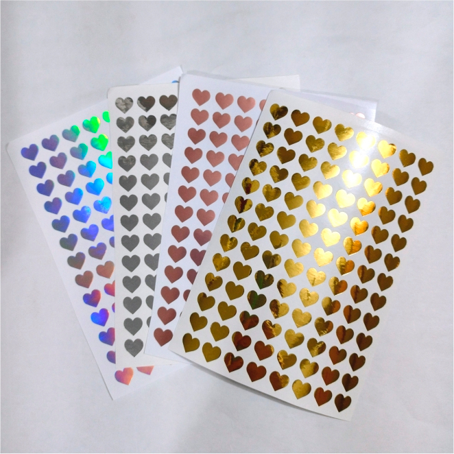 Kit Adesivo Coração Ouro, Prata, holografico ou Rose, Gold Vinil Metalicos para cartões fidelidade, selo, visto, carimbo