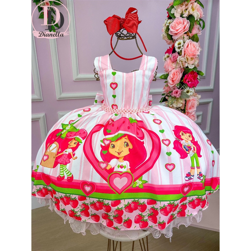 Vestido Infantil Moranguinho Rosa Cinto Pérolas