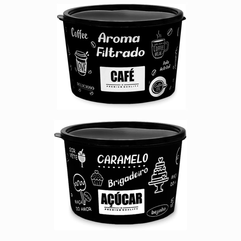 kit potes plástico decorados café e açúcar de 2  litros com 2 peças