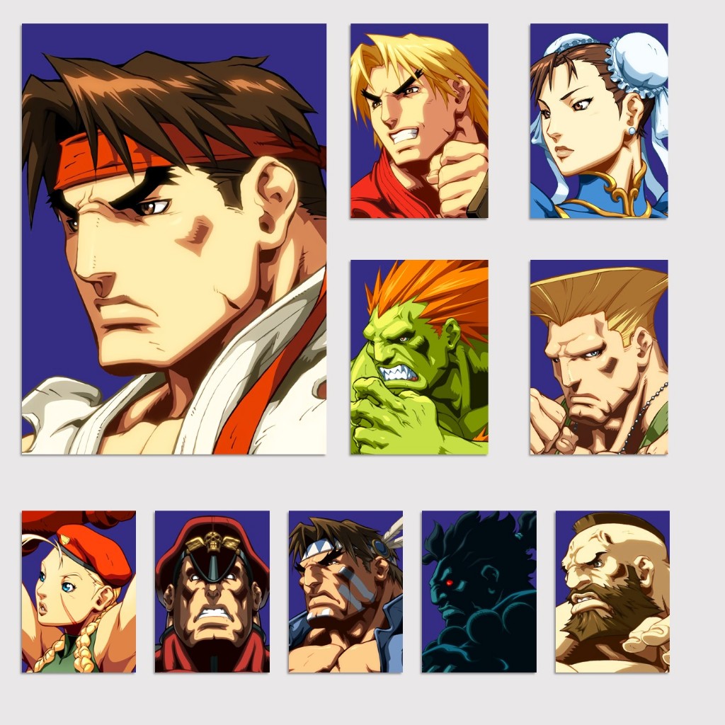 Placas Decorativas Street Fighter Personagens Decoração Sala Quarto Ryu Ken Chun-li Guile e outros A4 20x28