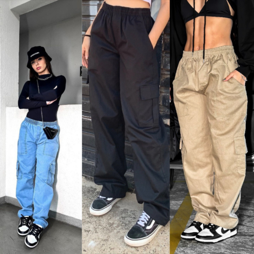 Calça Cargo Unisex Skate Skatista Larga Streetwear Estilo Urbano Masculina Feminina Rua Preta Jeans