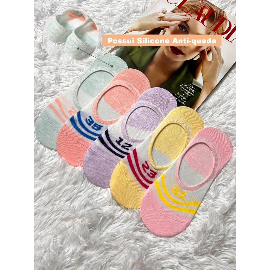Kit 5 Pares Meia Sapatilha invisível 80% Algodão Com Silicone Adulto Feminina em Oferta na Shopee