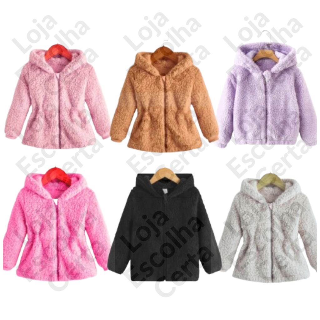 Casaco Teddy Infantil Menina Capuz Touca com Ziper Ted Tedy Forrado Quente Feminino Jaqueta Infantil