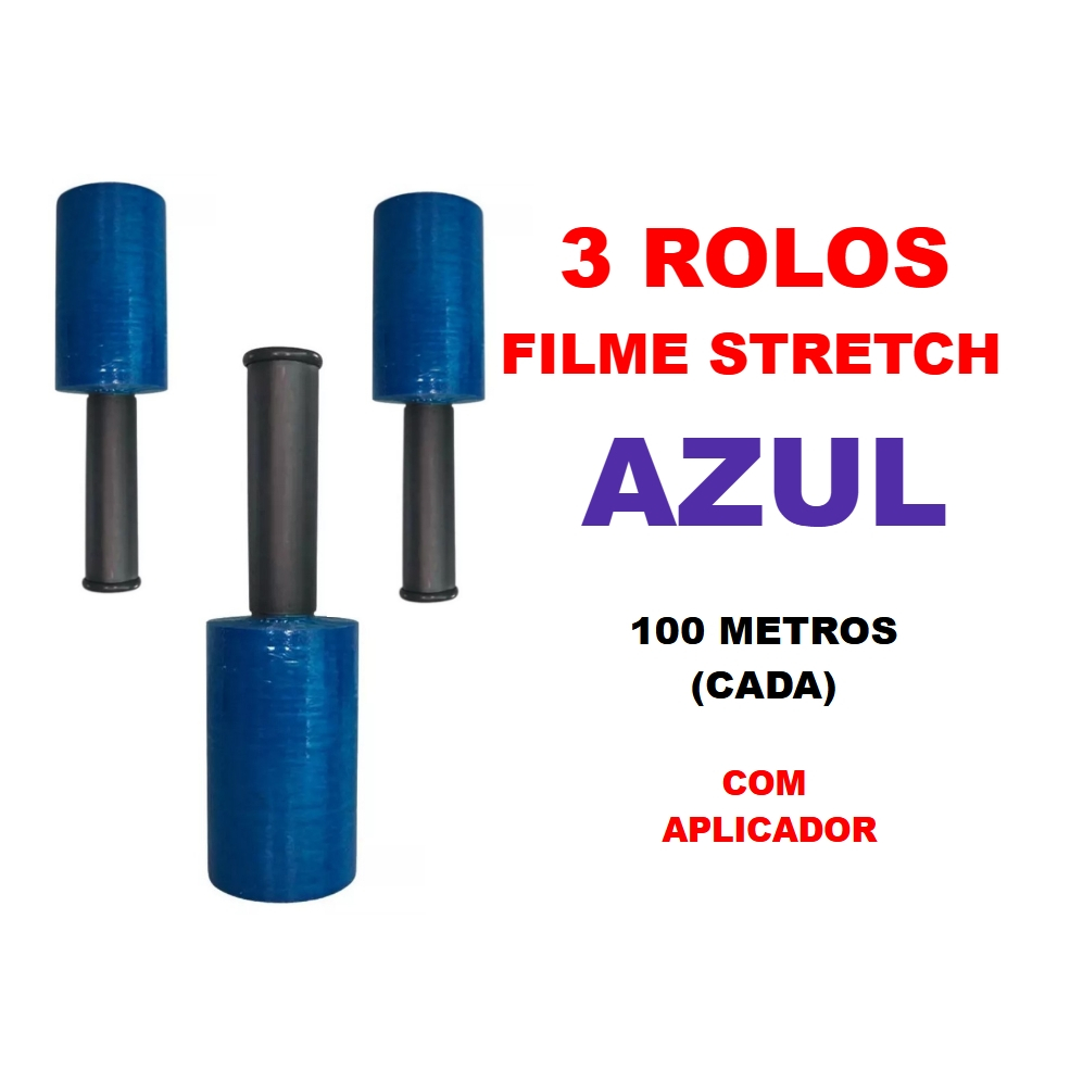 3 Rolos Filme Stretch AZUL com aplicador (10cm) 100 Metros (cada)