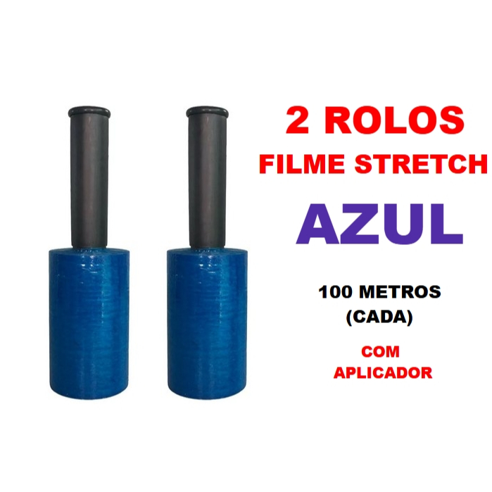 2 Rolos Filme Stretch AZUL com aplicador (10cm) 100 Metros (cada)