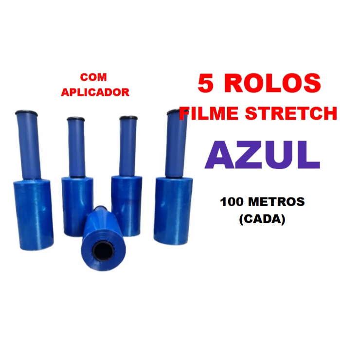 5 Rolos Filme Stretch AZUL com aplicador (10cm) 100 Metros (cada) em Oferta na Shopee