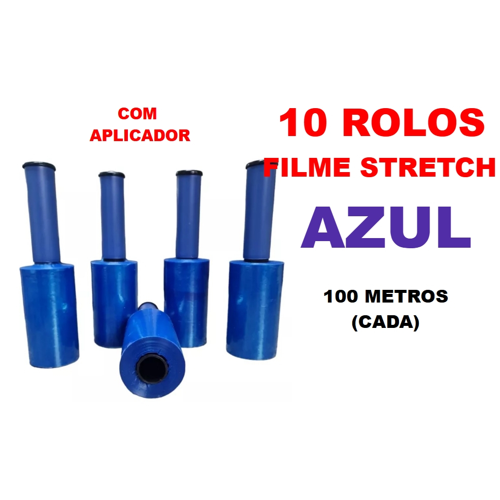 10 Rolos Filme Stretch AZUL com aplicador (10cm) 100 Metros (cada) em Oferta na Shopee