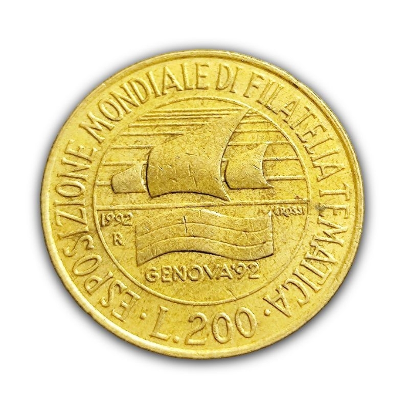 Moeda 200 Liras 1992 Itália Exposição Mundial de Filatelia Temática