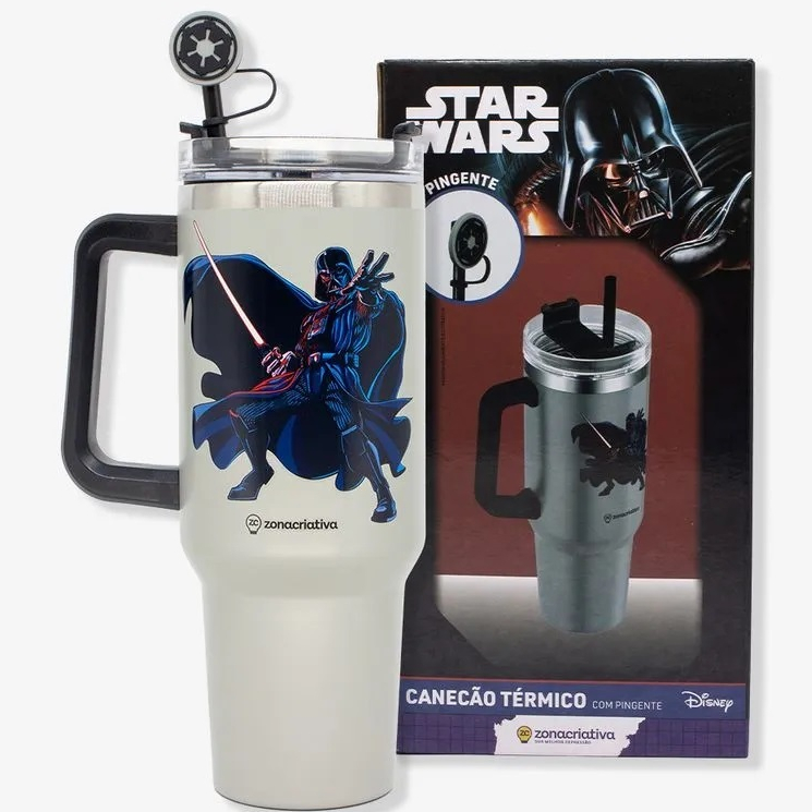 COPO TÉRMICO COM CANUDO E TAMPA TUMBLER STAR WARS DARTH VADER OFICIAL 700ML PERSOANGEM CANECÃO