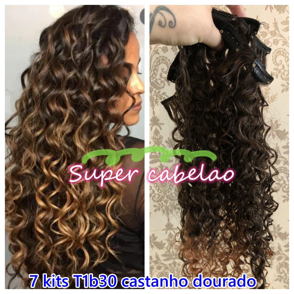 7 kits T1b30 Cacheado afro crespo fibra organico castanho medio mechas loiro dourado Cabelo aplique tic tac