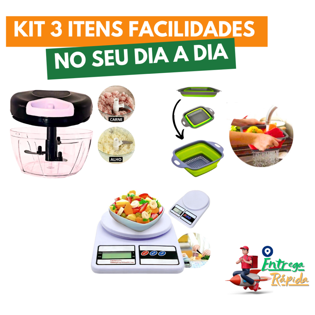 Kit 3 Peças Triturador Escorredor Balança Utilidades Para Sua Cozinha