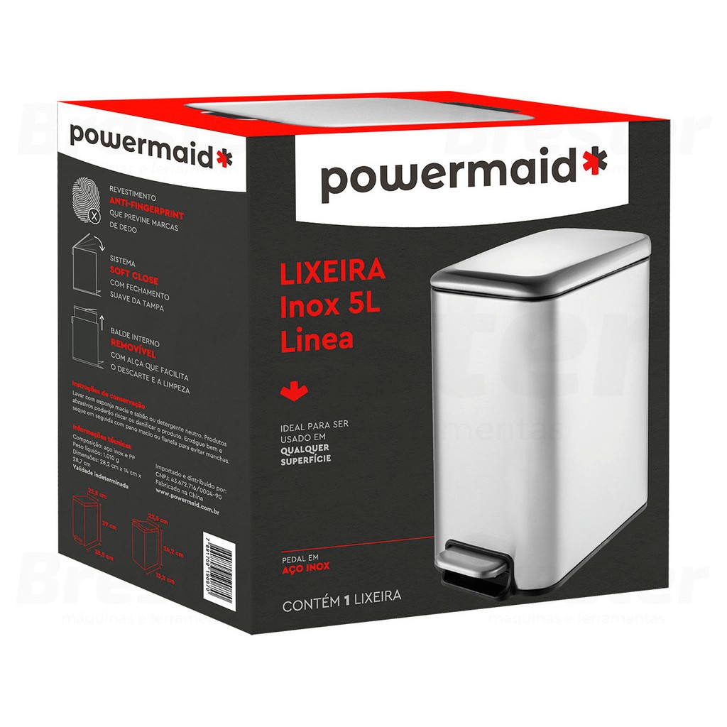 Lixeira Lixo Soft Close Slim 5 Litros Aço Inox Pedal Cesto Removível Para Banheiro Cozinha