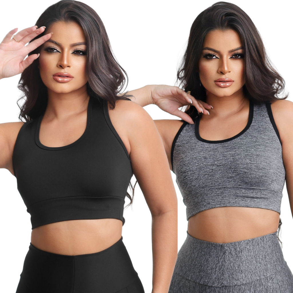 kit 2 Tops Fitness Cropped Academia treino Suplex Premium