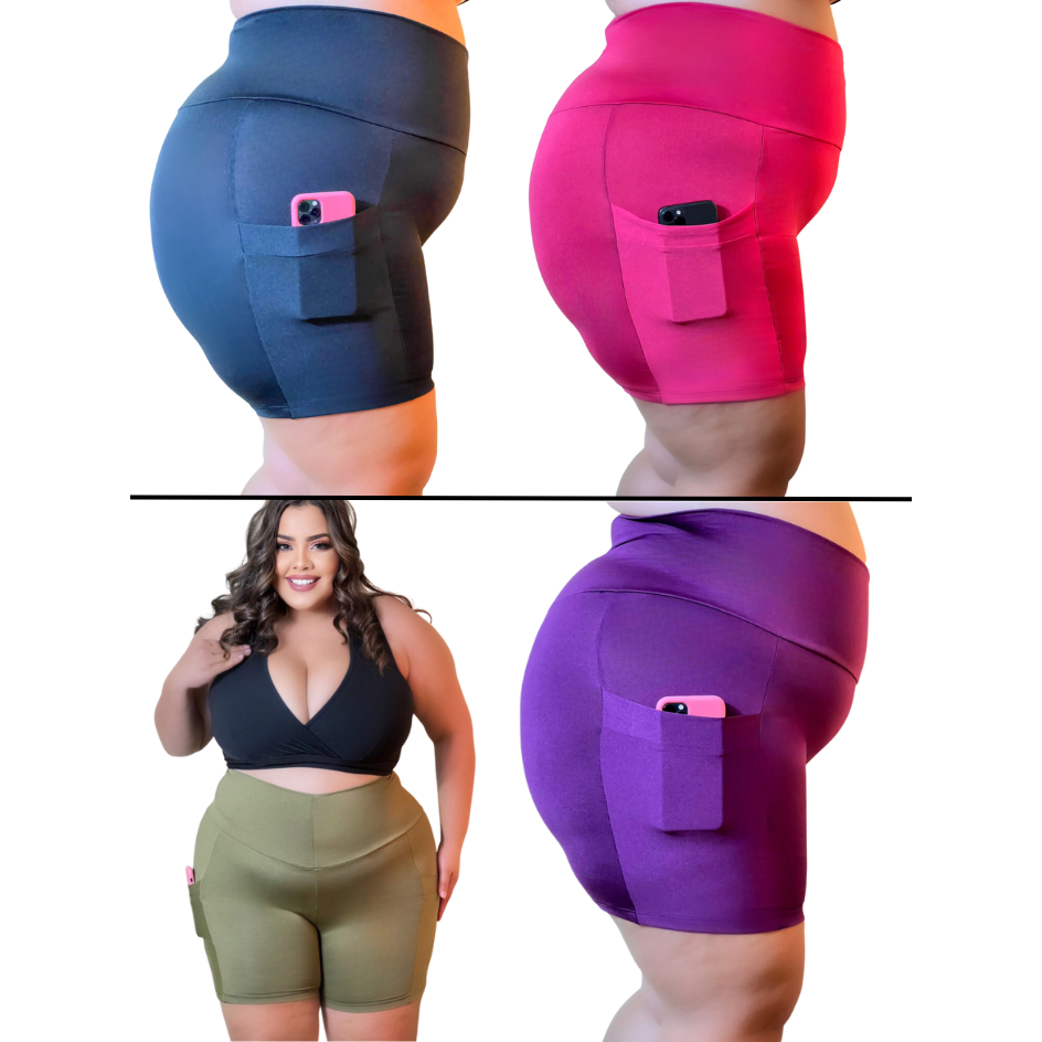 Kit 4 Short fitness Plus Size GG XGG e EXGG com bolso ou estampado sem bolso feminino curves