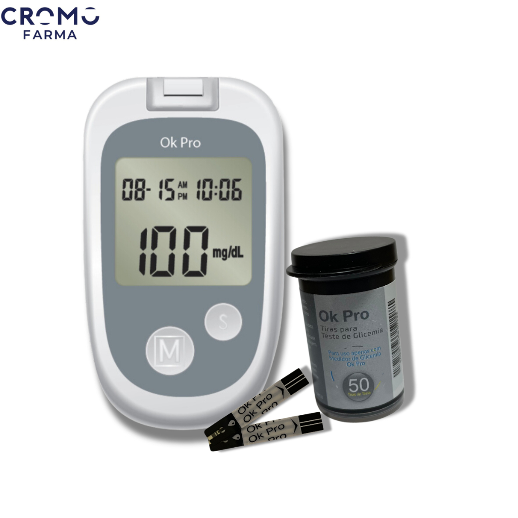 KIT MEDIDOR DE GLICOSE OK PRO + 1 FRASCOS DE TIRAS REAGENTES OK PRO C/ 50 UNID