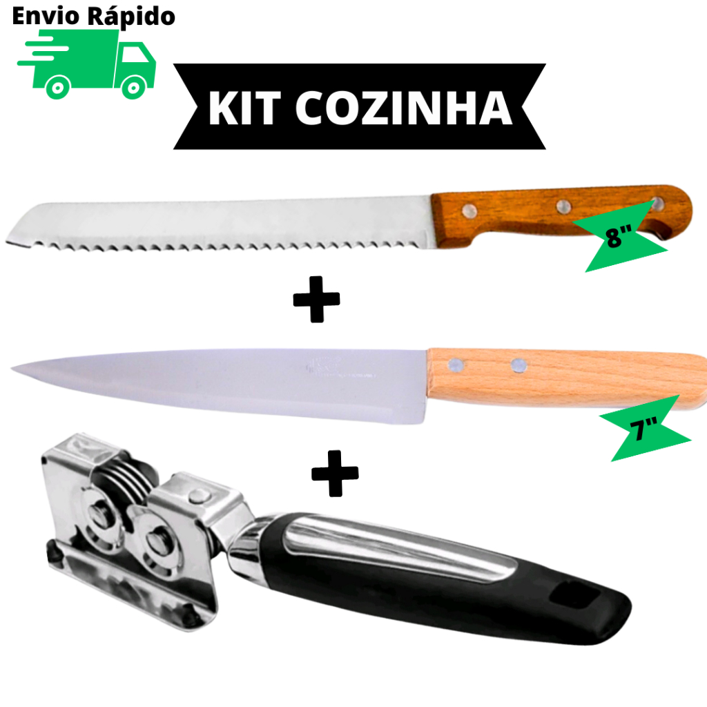 Kit Cozinha Com Afiador Amolador Com Cabo de Aço Inox Faca para pães bolos 8" E Faca De Cozinha 7" Em Aço Inox Durável E Qualidade Profissional Resistente