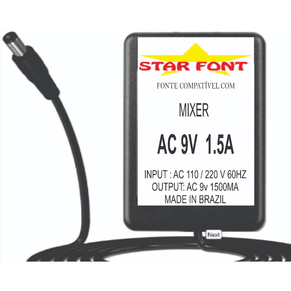 Fonte AC 9V 1.5A Para Digital DJ Mixer Numark